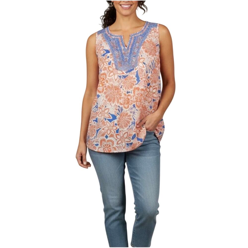 Talbots light cotton blouse tank, coral blue floral, embroidery bib, Size M